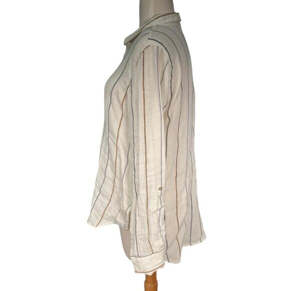 ARTISANNY 100% Linen Size Medium White Stripped Tunic 1/4 Button Down Lounge - Picture 4 of 11